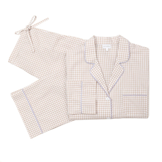 Gingham Cotton Pajamas with ric rack trim, Khaki