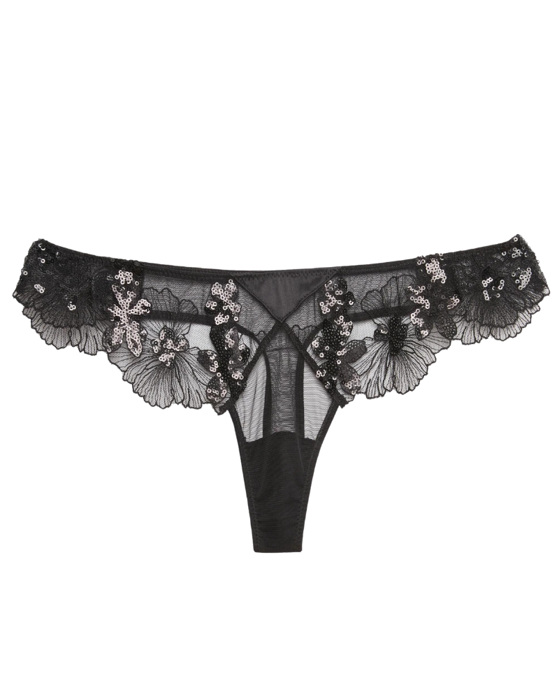 Sequin Violet Embroidery Thong, Black