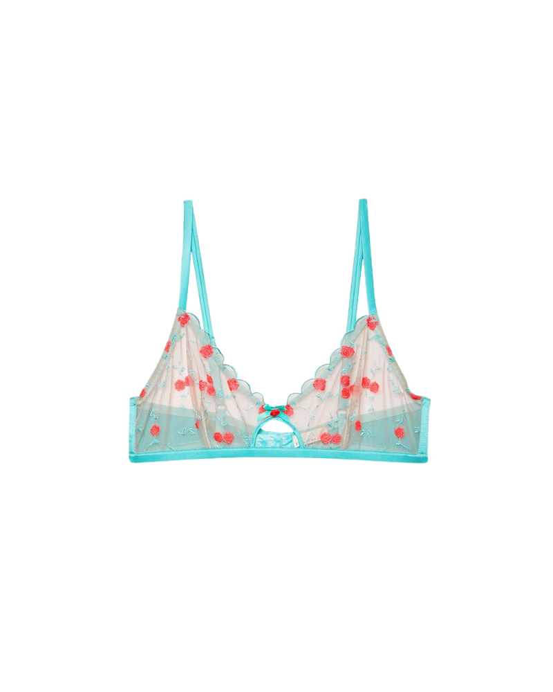 Rose and Vine embroidery bralette, bright jade