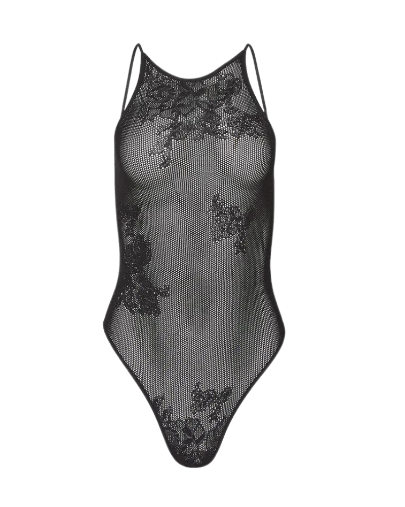 Lace Pointelle Racer Bodysuit, black