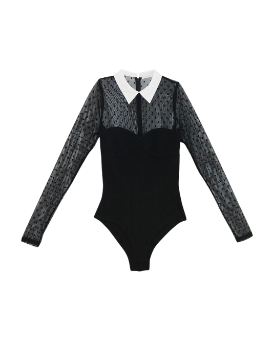 Collared Bodysuit with Dotted Tulle, Black