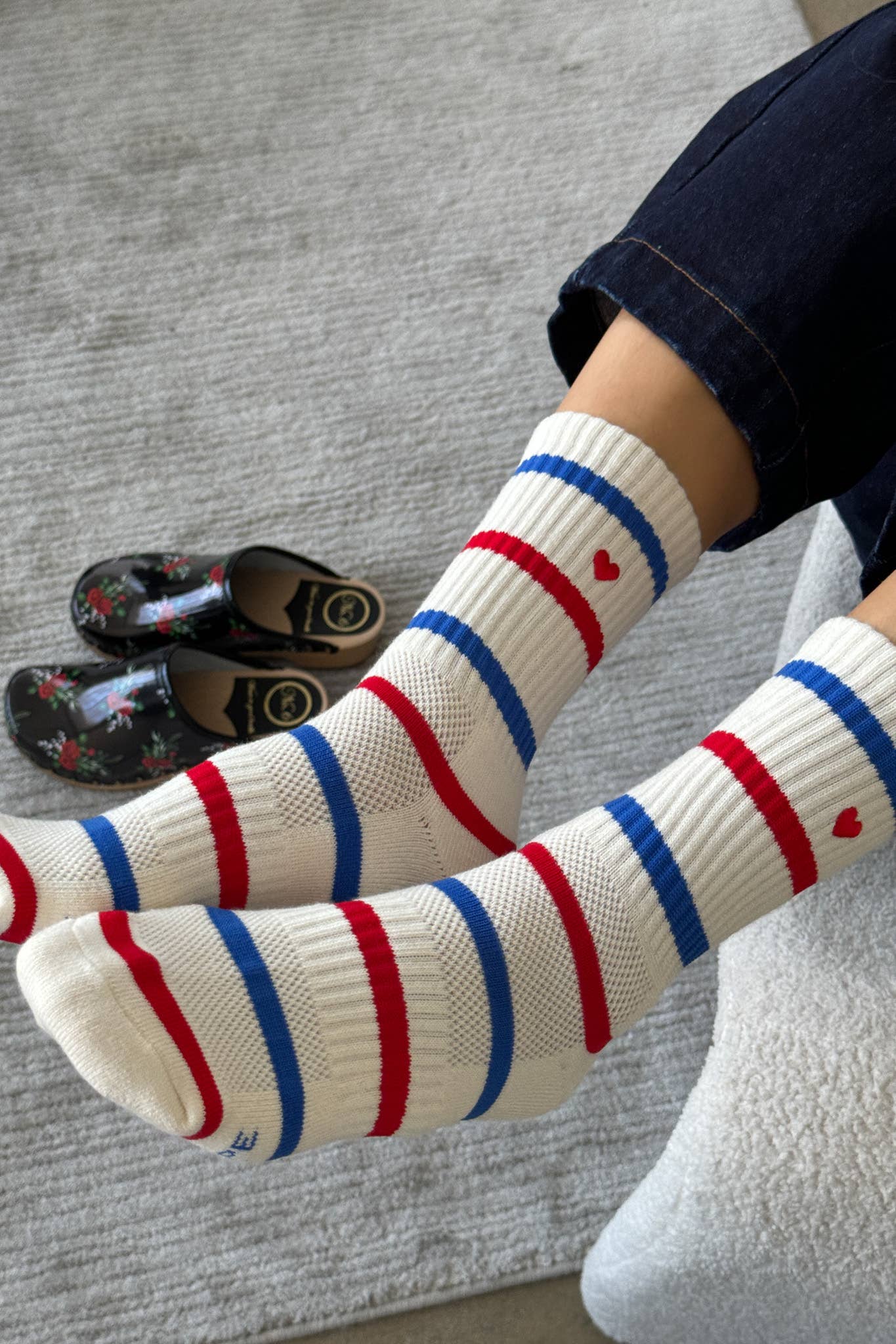 Embroidered Striped Boyfriend Socks, Red Blue Heart